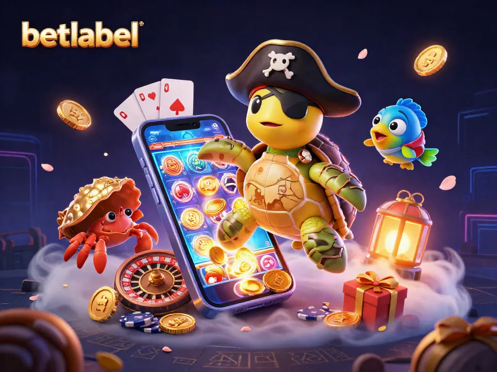 Betlabel showcases winning moments with a pirate turtle, crab, and vibrant casino games.