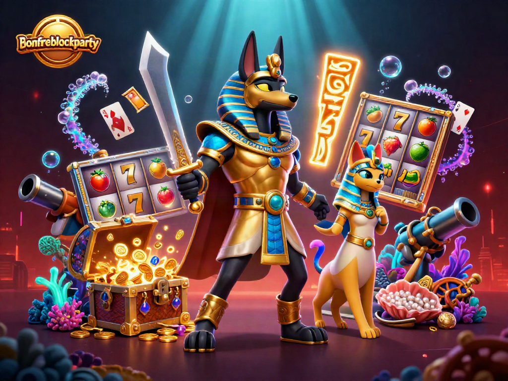 Bonfireblockparty features dynamic 3D casino elements with Anubis and Bastet in play.