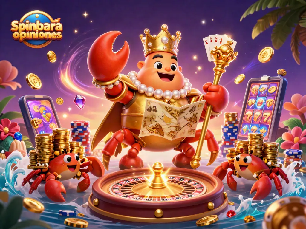 Experience spinbara opiniones with a golden crab emperor in a vibrant casino scene, showcasing games and treasures.