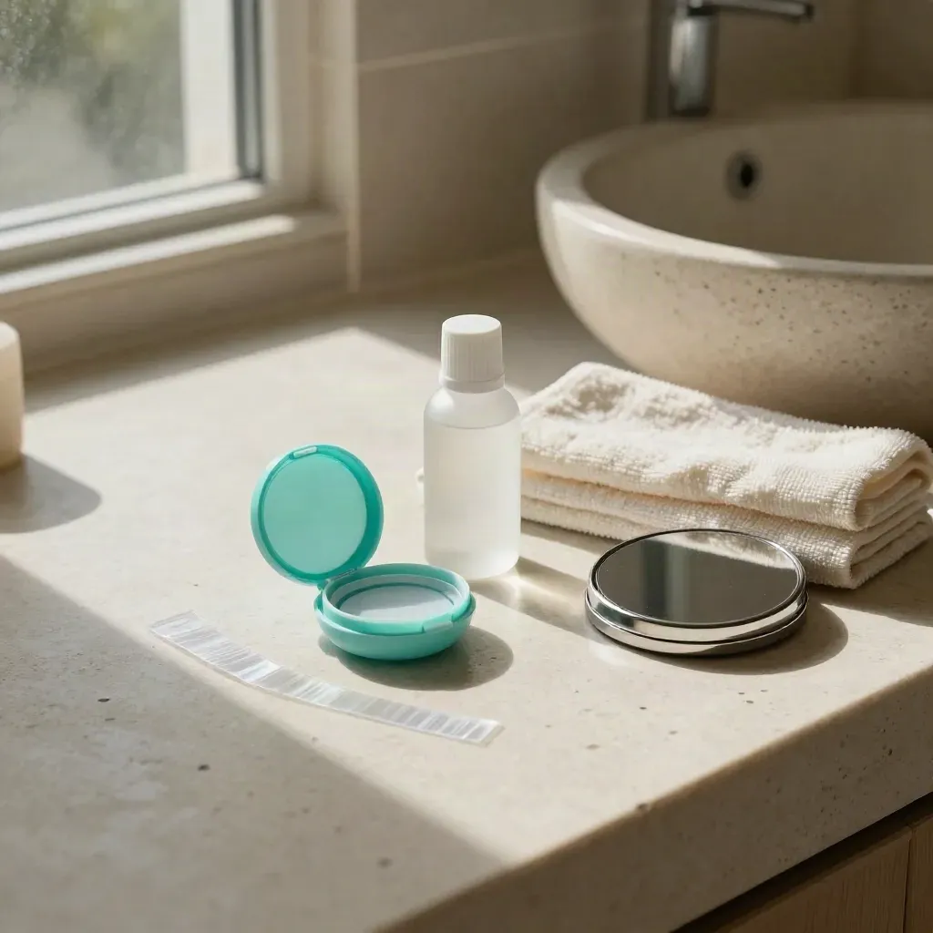 Kit de lentillas abierto sobre travertino, con estuche turquesa y frasco translúcido en un baño sereno.