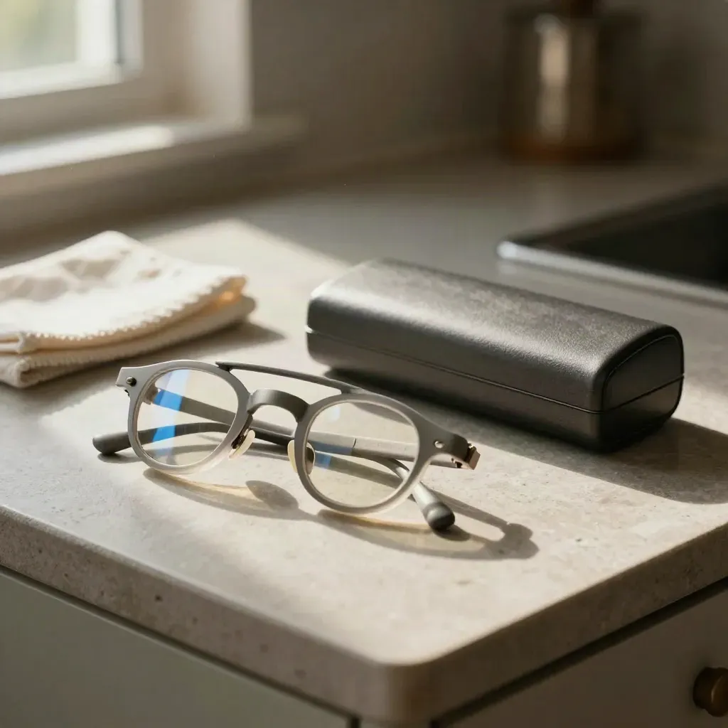 Montura, lentes de prueba y estuche rígido sobre encimera de piedra con luz cálida de ventana.