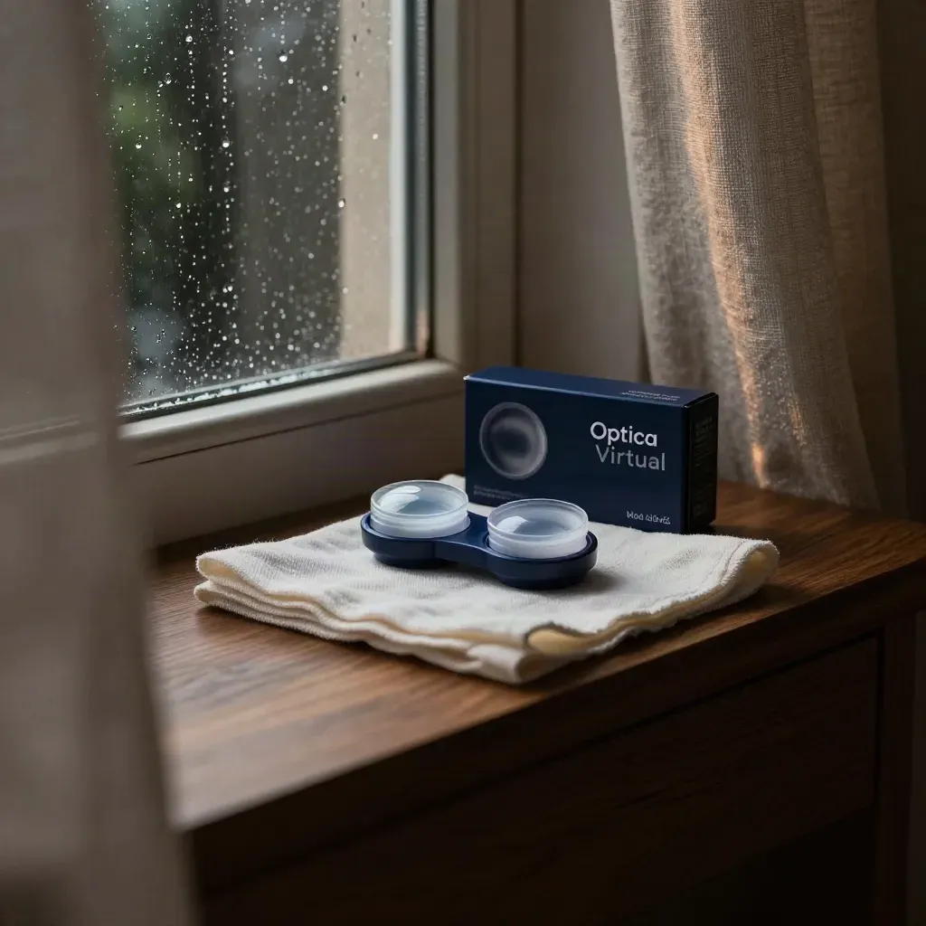 Rincón de óptica virtual con montura azul, lentillas y luz mojada junto a una ventana