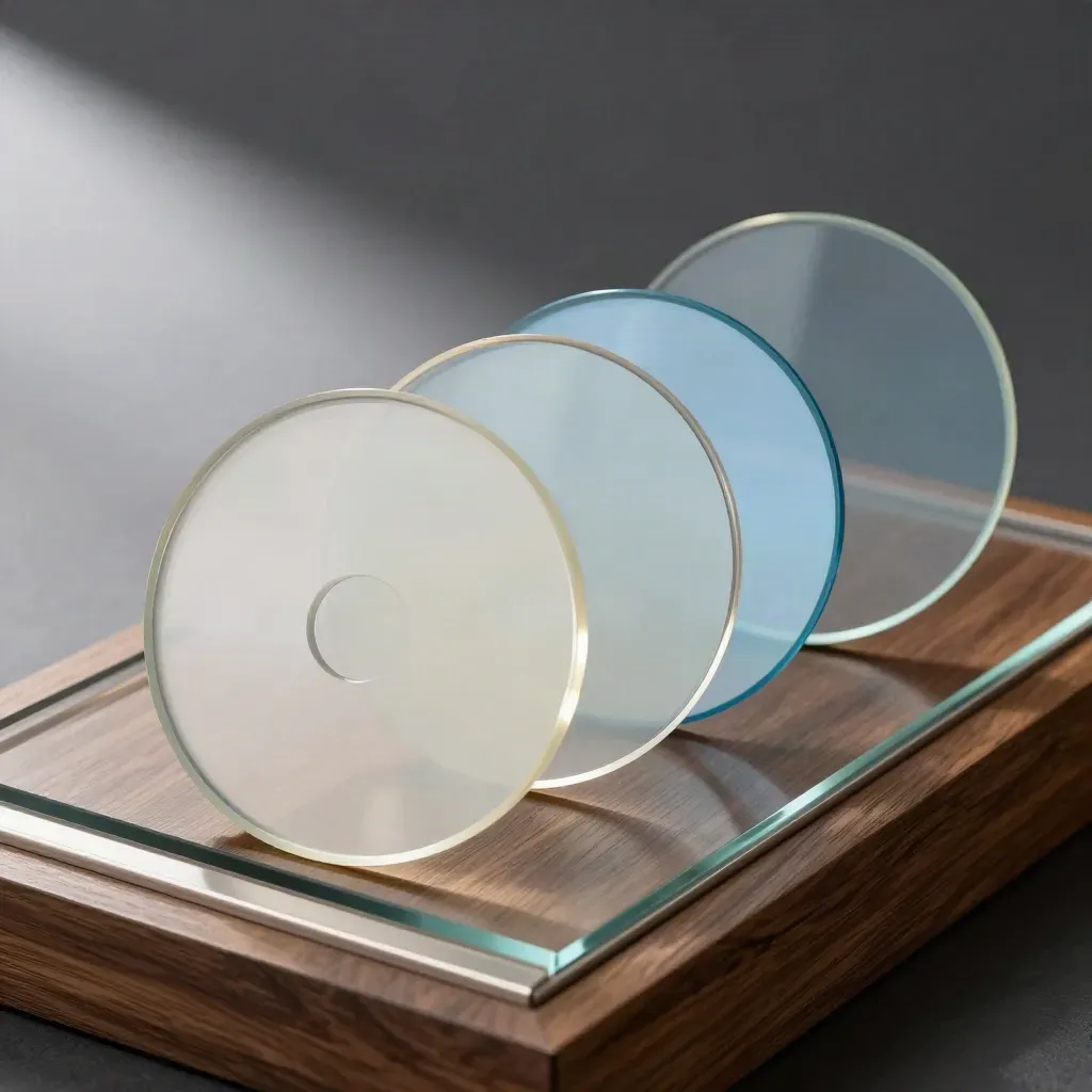 Cuatro lentes ópticas escalonadas con reflejos azules sobre una base de madera