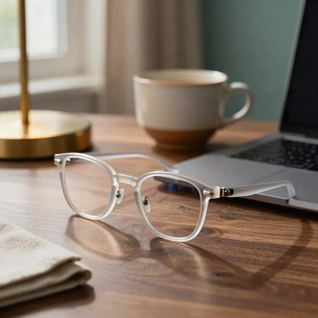 Escritorio en casa con gafas nuevas, portátil cerrado, lámpara cálida y taza de cerámica.