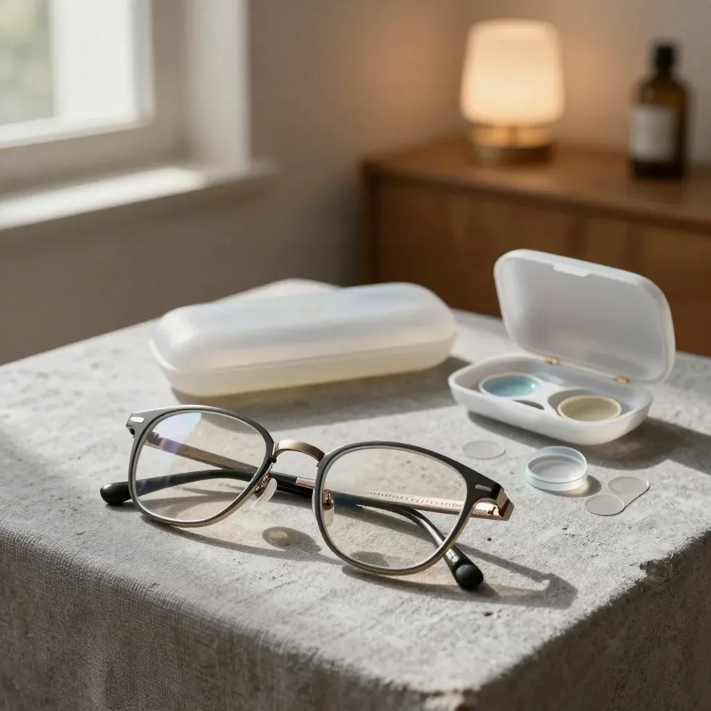 Dos gafas, funda translúcida y estuche abierto sobre mesa neutra, con luz cálida de tarde.