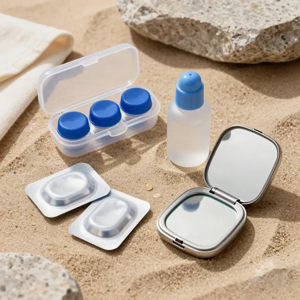 Kit de lentillas ordenado sobre travertino claro, con estuche, blísteres, solución y espejo cerrado.