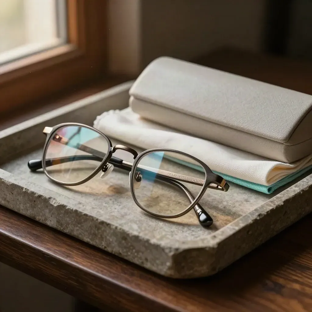 Gafas, funda y paño sobre bandeja de piedra con luz cálida y ambiente acogedor.