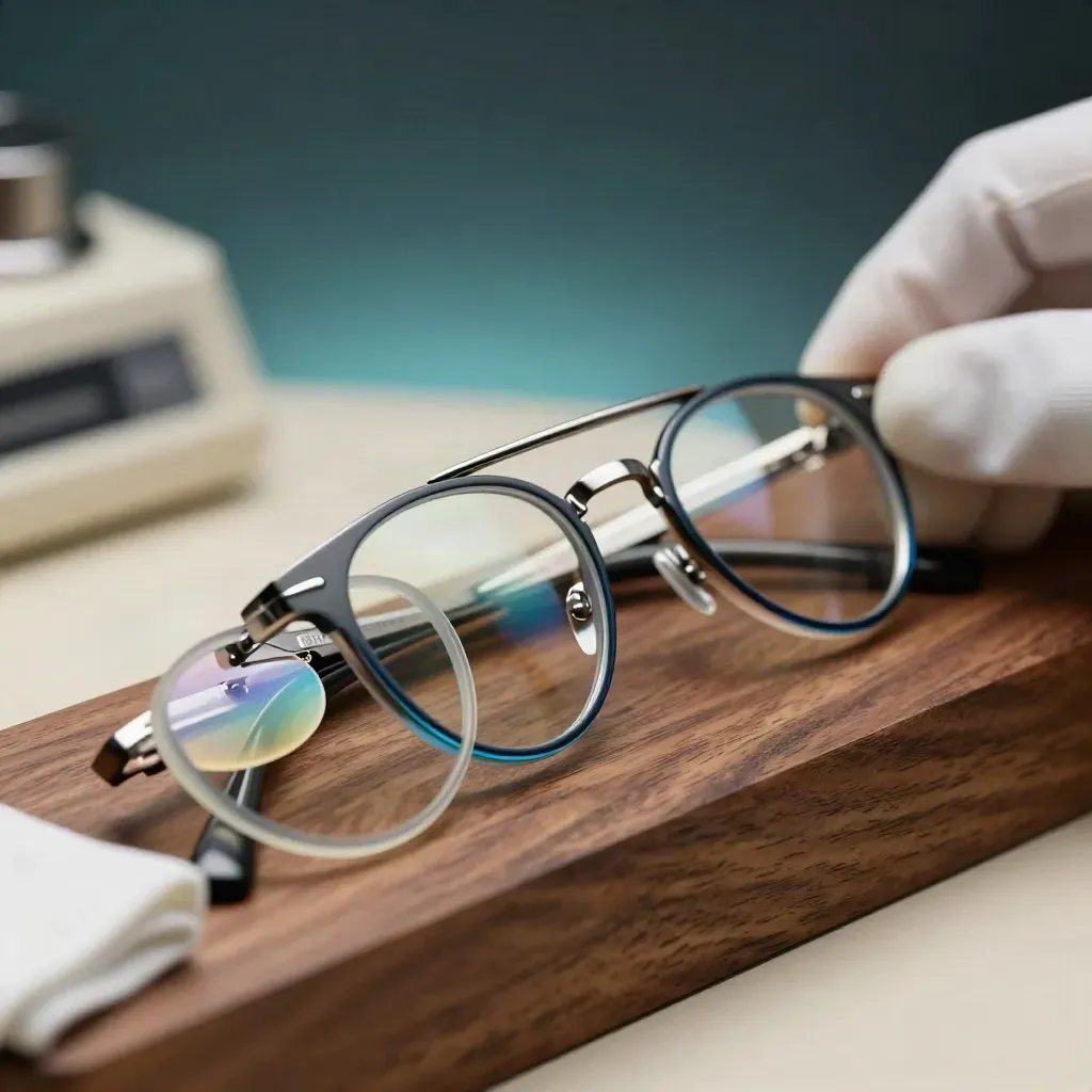 Tres lentes oftálmicas apiladas con borde azul iridiscente sobre una mesa óptica de nogal.