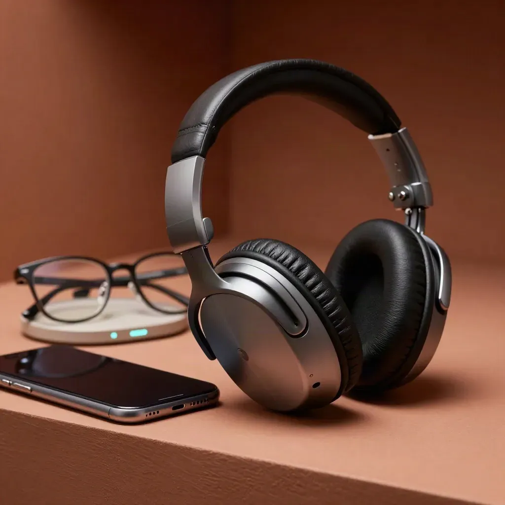 Auriculares, móvil apagado, soporte de montura y base de carga sobre ledge terracota oscuro.