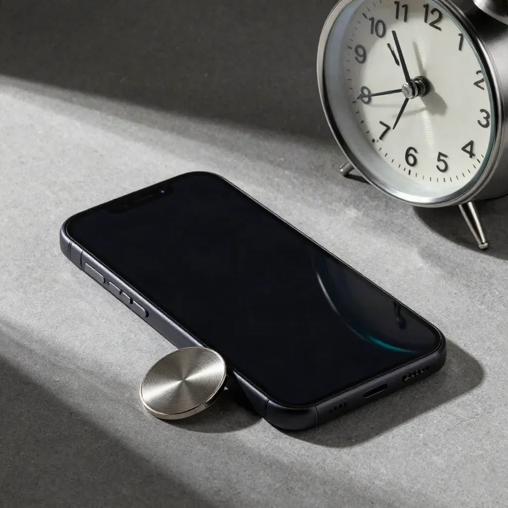 Teléfono negro, reloj redondo y pieza metálica sobre hormigón neutro con reflejo turquesa.