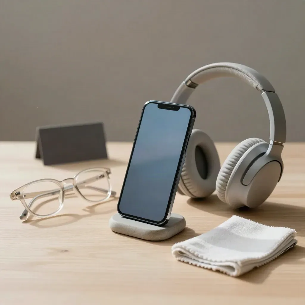 Móvil apagado, auriculares y montura sobre madera clara, listos para una revisión por videollamada.