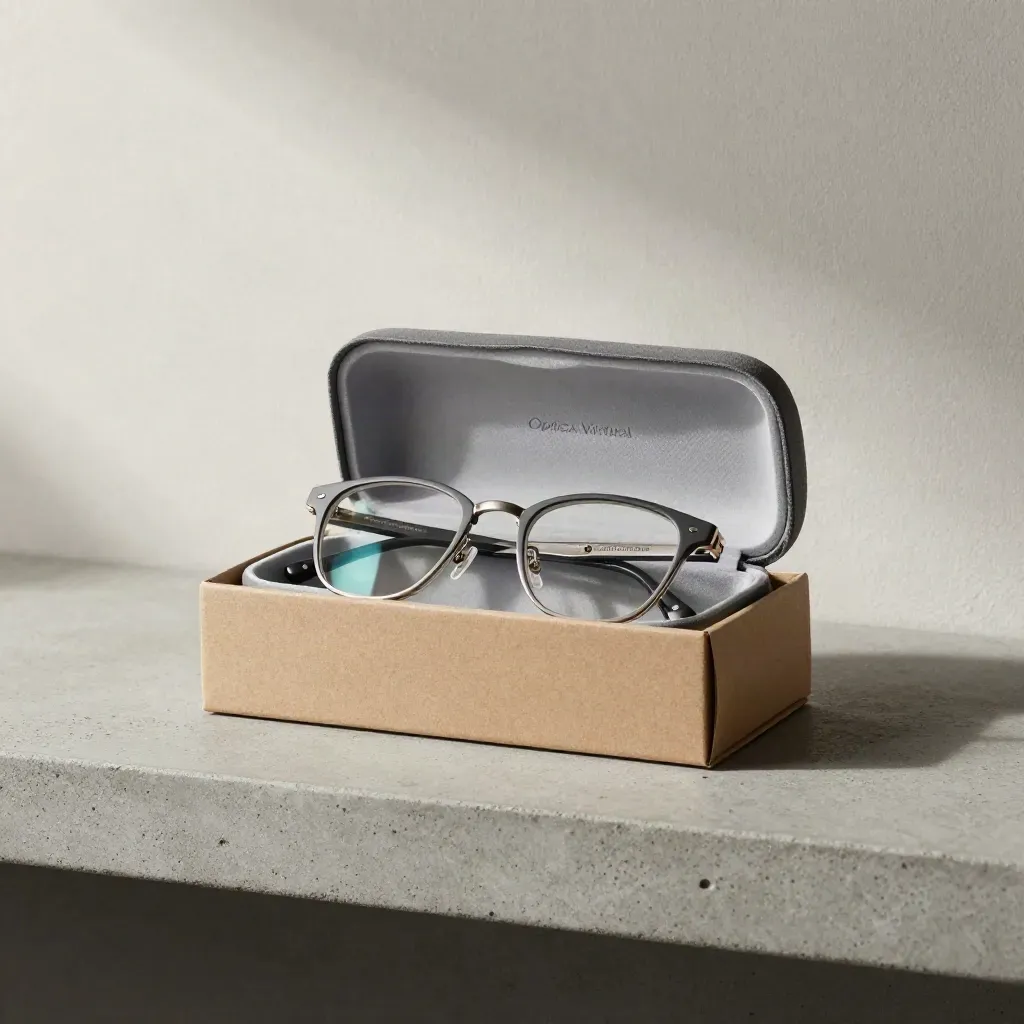 Paquete de gafas, estuche abierto y montura alineada sobre estante de piedra gris.