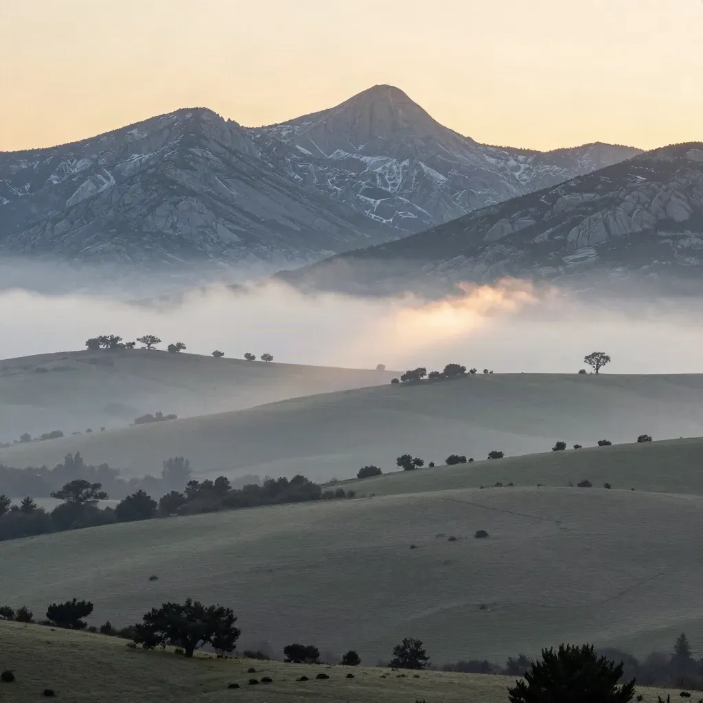 Panorámica de la Sierra de Guadarrama con dehesa madrileña y niebla dorada.