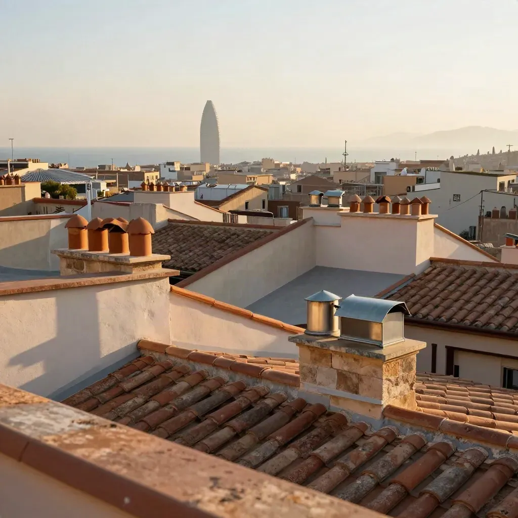Azoteas del Eixample con la silueta de Barcelona en bruma marina al atardecer.