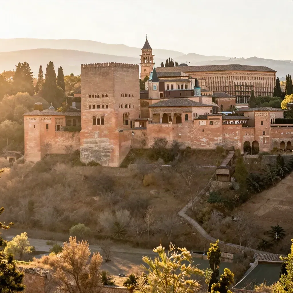 La Alhambra al atardecer sobre colinas cálidas y niebla suave en Andalucía
