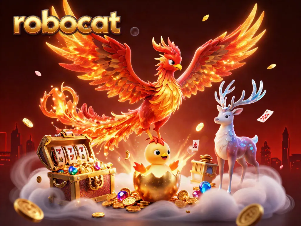 Spin to win with robocat in a vibrant casino-themed scene filled with winning elements!